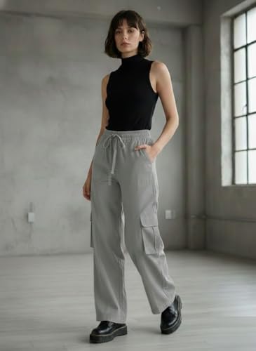 Image of SMOWKLY Women's Casual Cargo Pant| Baggy Fit Multi Pocket Streetwear Pants | High Waist Cargo Trousers | Stretchable Cotton Blend Utility Pants for Women |Office & Casual Wear