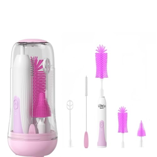 Image of Travel Electric Baby Bottle Brush Set with Electric Bottle Cleaner and Water Bottle Brush and Nipple/Straw Brush,Milk Frother and Drying Rack(Purple)