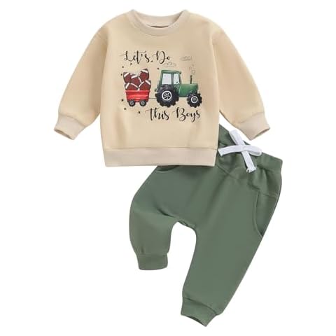 LIOMENGZI Toddler Baby Boy Clothes Fall Winter Outfit Long Sleeve Tractor Letter Sweatshirts Pant Infant Baby Farm Clothes (Khaki, 2-3T) Cover