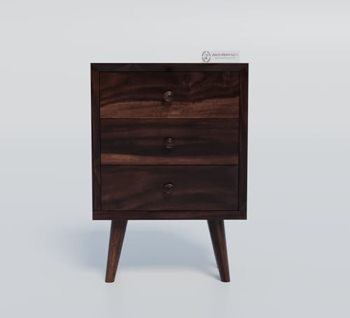 Image of Jangid Handicraft Solid Sheesham Wood Bedside Table for Bedroom | Wooden Bed Side Nightstand End Table with 3 Drawer Storage for Home & Living Room | Sofa Side Table | Rosewood, Walnut Finish