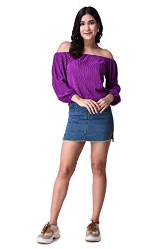 Image of POPWINGS Casual Wrinkle Off Shoulder Crop Top for Women - Designer Stylish Western Full Sleeves