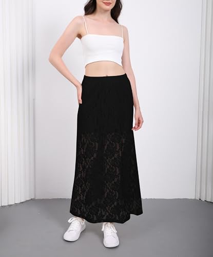 Urban CoCo Women's Elastic High Waisted Flowy A-Line Maxi Lace Skirt Summer Casual Long Skirts2