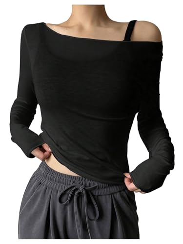 RoseSeek Women's Mesh Sheer Tops Off The Shoulder Long Sleeve See