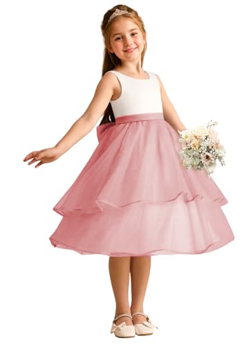 Bicolor Girls Crewneck Flower Girl Dress with Bow Knot Satin Tulle Birthday Holiday Party Dress