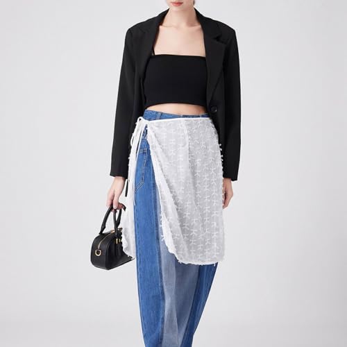 Women Korean Layering Half Skirt Hip Scarf Vintage Elegant Bowknot Hip Covering Lace Up Bandage Apron Wrap Skirt White3