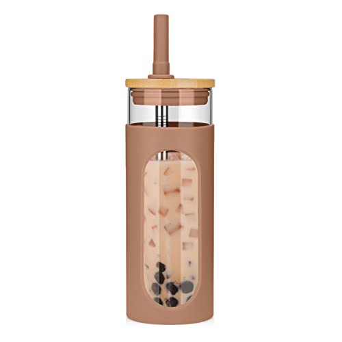 Tronco 20 oz Glass Tumbler with Lid & Straw, Reusable Iced Coffee Cups and Smoothie Cup with Bamboo Lid for Boba Tea, Coffee, Juice, BPA-Free Borosilicate Glass Cup for Home, Office & Gifts