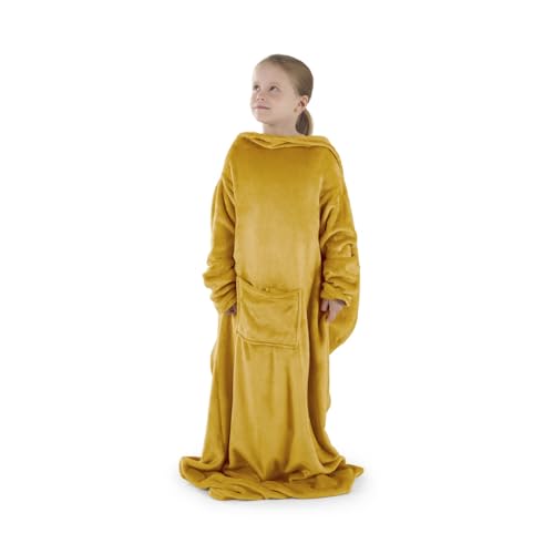 Blumtal BataManta para Niños - Manta con Capucha, Mangas y Bolsillos, Batamanta, Bata Manta Polar para Invierno, Amarillo Mostaza, 90 x 105 cm