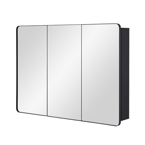 Image of IDYLLOR Bathroom Mirror Medicine Cabinet with Round Corner Framed Door 36 x 26 inch, Black,Recessed or Surface Mount, with Adjustable Glass Shelves