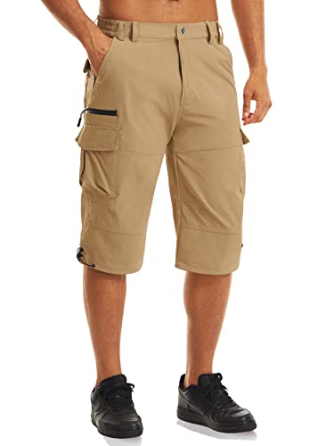 Capri Pants For Men With Pockets Capri Pants Quick Dry 3/4 Tactical Shorts For Men Casual Shorts Athletic Summer Shorts Long Cargo Shorts Khaki #TOP9