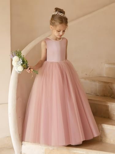 JISISANG Pearls Flower Girl Satin Tulle Dress for Wedding Kids Princess Pageant First Communion Dress with Bow Knot4