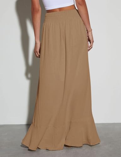 Image of Minclouse Women's Elastic Tie Waist Button Down Maxi Skirts Casual Loose Flowy Swing Slit Front Dress