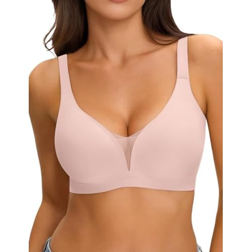 LUCKMEEY Jelly Bras for Women No Underwire V Mesh Push Up Bralette with W-Shape Support, Wireless Seamless Bra (U/Cross) Pink Small