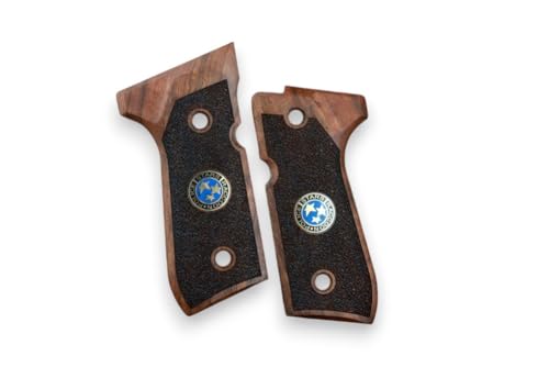 HK GRIPS Compatible with Beretta 92/96/98/M9 Full Size Grips, Resident Evil, Samurai Edge, Biohazard Raccoon S.T.A.R.S, Light Walnut Wood (Dark Root Walnut Wood Blue Logo)