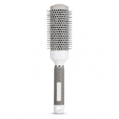 32mm Round Blow-Dry Hair Brush with Vented Barrel, Rounded-Tip Bristles and Textured Handle, White and Silver-Tone, 1 Piece