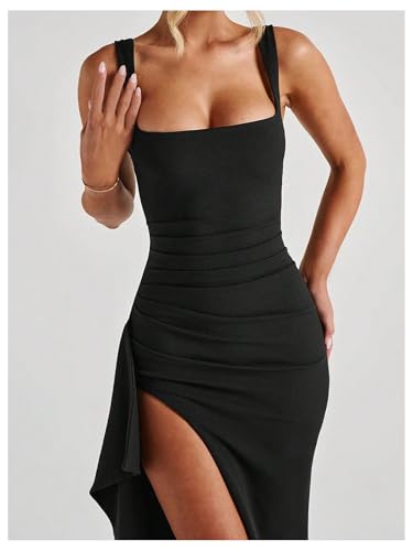 Floerns Women's High Split Tank Dress Sleeveless Ruched Square Neck Formal Party Maxi Dresses4