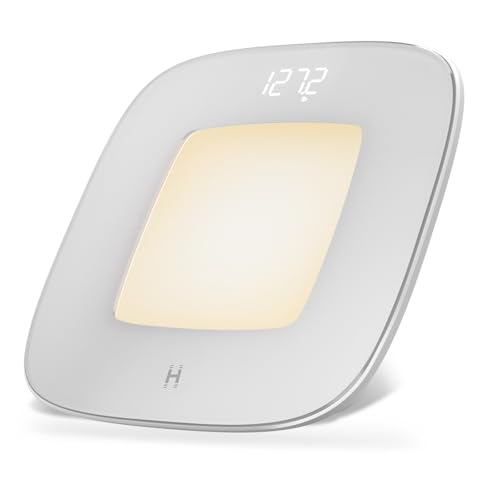 Homedics Digital Bathroom Scale, Motion-Sensing Ambient Center Illumination, Sleek Tempered Glass, High-Precision Weight Measurement Up to 400 lbs, Sustainable Design, White
