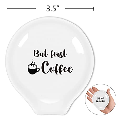 Littlefa Funny Quote 'But First Coffee' Black Sign Ceramic Spoon Holder - Rest for Coffee Station Decor - Bar Accessories - Gift for Women and Men