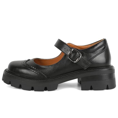 Eldof Women's Mary Jane Shoes Platform Lug Sole Low Heel Chunky Pumps Round Toe Ankle Strap Oxfords Dress Shoes for Uniform Graduation School Work 2 Inches4