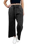 miduo Womens Capri Pants 2026 Summer Elastic High Waist Drawstring Wide Leg Croppedd Washed Lounge Pants with Side Pockets Casual Pant Black S