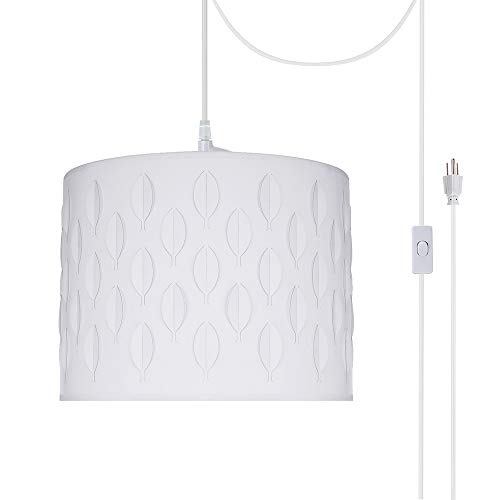 Aspen Creative, White, 79261-21 One Plug-in Swag Pendant Light Conversion Kit with Transitional Drum Laser Cut Fabric Lamp Shade, 14
