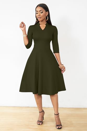 Image of Nmoder Casual Dresses for Women Semi Formal Fit and Flare 3 /4 Sleeve A-line Church Work Dress with Pockets