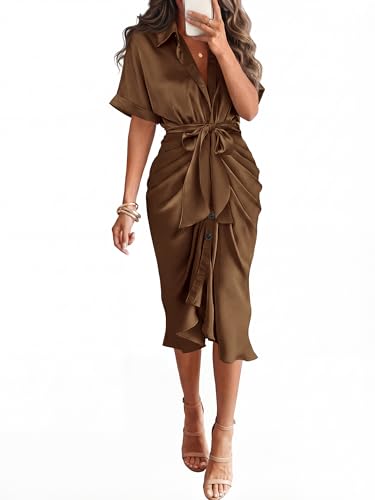 BTFBM Dresses for Women Summer Button Short Sleeve Silk Satin Ruched Spring Maxi Dress 2026 Cocktail Party Wedding(Dark Brown, Large)