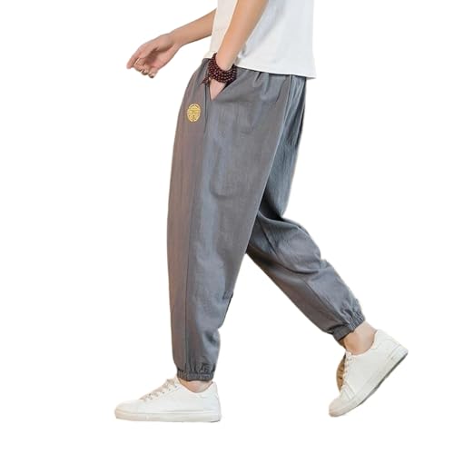 Summer Chinese Style Cotton Linen Casual Ninth Pants Men Embroidery Loose Harem Pants