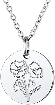 FindChic Birth Month Flower Necklace 12 Month Birthday Jewellery Gifts for Women Hypoallergenic Surgical Stainless Steel Disk Coin Birth Flowers Pendant
