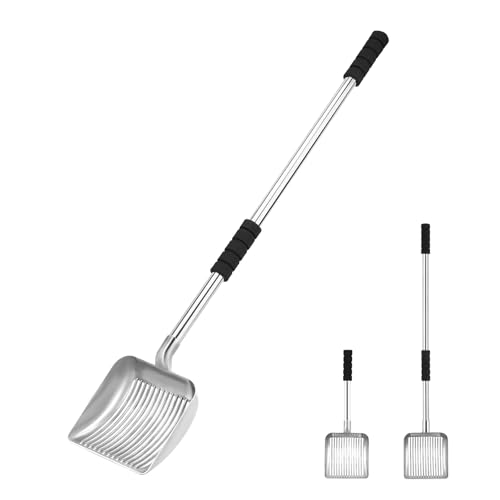 LYCC Metal Cat Litter Scoop - Removable Long Handle Cat Litter Scooper (16in-3in) Large Deep Shovel Litter Scoop with Foam Grip Easy Clean for Multi-Cat Household-No Bending Back