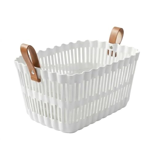 Image of AIR O MATIC Plastic Ractangle Laundry Basket with Breathable Slotted Design & Ergonomic Leather Grip Handles - Large Ventilated Clothes Hamper for Bedroom, Bathroom & Laundry Room (White)