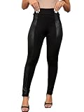Women's High Waisted Leggings with Leather Patchwork Pants Black