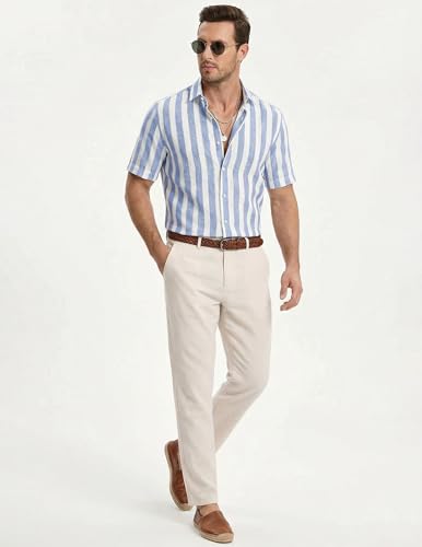 JMIERR Men's Casual Stylish Short Sleeve Button-Up Striped Dress Shirt Cotton Beach Shirts