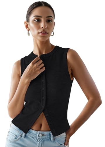 Women’s Button Down Tank Tops Ribbed Summer Vest Button Up Open Front Sleeveless Slim Fit Crop Going Out Tops