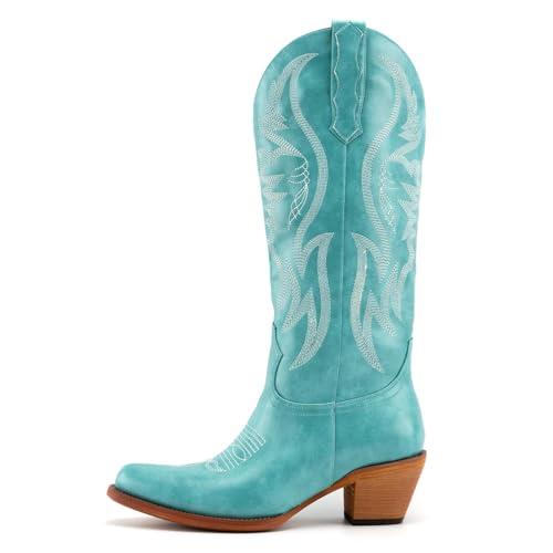 Image of KaroNairy Cowboy Boots for Women Mid Calf Western Cowgirl Boots Embroidered Pointed Toe Chunky Heel Country Concerts,Turquoise