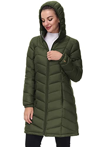 Slow Down Women Lightweight Down Puffer Coat, Women Hooded Mid-Length Packable Winter Jacket With 2 Packing Bag (Olive Green, M) #TOP1