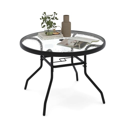 COSTWAY Table de Jardin Ronde 70 CM en Verre Trempé, Table d'Appoint d’Extérieur avec Trou pour Parasol de 4,2 cm Cadre en Métal, Table de Salle à Manger...