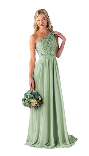Image of LANGKAAO Women's One Shoulder Bridesmaid Dresses Long for Wedding with Pockets Lace Bodice A-Line Chiffon Formal Party Gown