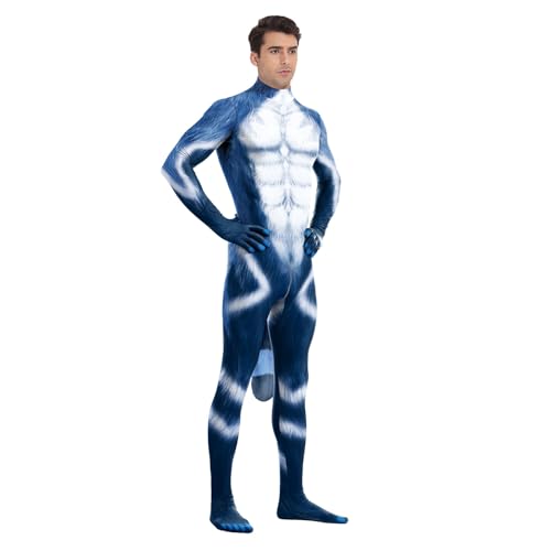 Image of Animal Full Bodysuit for Men Muscle Spandex Jumpsuit Furry Costume with Big Tail for Adult Cosplay Halloween Party