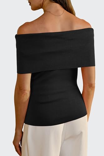 Arach&Cloz Women's Convertible Neckline Off-Shoulder Cowl Neck Slim Fit Tops 20254