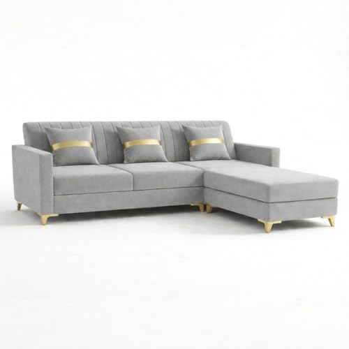 Image of CASASTYLE Groovy 4 Seater L Shape Sofa Set with Movable Ottoman | Flexible Left or Right Layout | Cozy Velvet Fabric | Soft Touch Seating | Modern Designer Sofa for Living Room (Light Grey)
