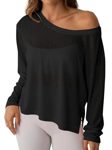 Hilinker Women's Sheer Off The Shoulder Tops Mesh Workout Sexy Long Sleeve T Shirt