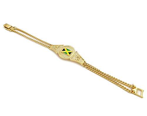 CBC Crown Dominican Republic, Jamaica Flag Center Piece 8 Inches Cuban Link Chain Bracelet in Gold or Silver Tone3