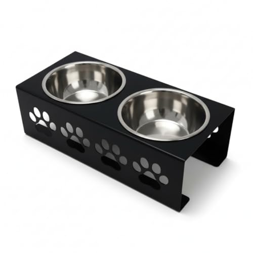 Image of Metal Black Dog Bowl Stand | Large Stainless Steel Bowls for Raised Dogs & Cats | Elevated Dog Food Removable Bowls | Pet Feeder & Water Dispenser for All Breeds | Paw Design (Set of 2, Each 900 ml)
