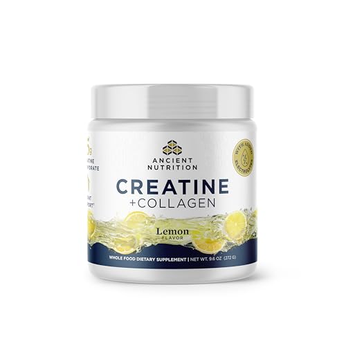 Ancient Nutrition Creatine + Collagen – Muscle Strength, Lean Body Mass, Joint Comfort & Cognitive Support – Includes 5g Creatine Monohydrate for Women + Electrolytes, Lemon, 30 Servings