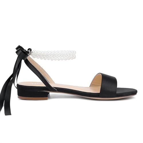 Image of Satin Wedding Flats for Bride Pearl Sandals Open Toe Bridal Shoes Flat Wedding Shoes for Bride