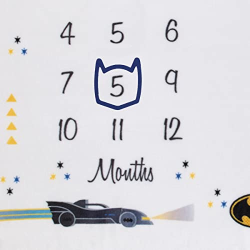 Image of Warner Brothers Batman White and Black Batmobile, Gotham City, and Bat Signal Milestone Baby Blanket