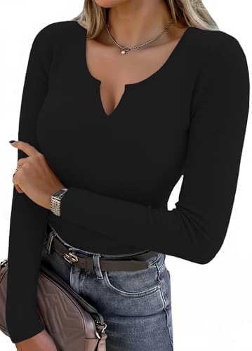 Aottori Langarmshirt Damen V-Ausschnitt Gerippt Oberteile Stretch Slim Fit | Basic Tops, Shirt Langarm, Pullover Dünn, Stretch, Eng, Sexy, Elegant, Casual, Einfarbig, für Herbst Al