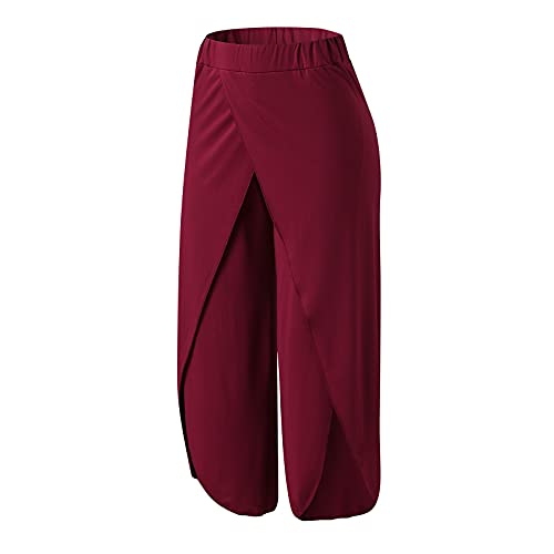 Women's Solid Side Split Boho Pants Wide Leg Palazzo Sweatpants With Slits Flowy Hippie Workout Yoga Trousers (Wine 4X-Large) #TOP2
