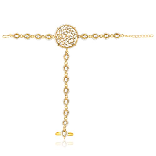 Aheli Kundan & Beads - Joyería étnica tradicional con tachuelas Haath Panja Haath Phool, regalo para mujer, Talla única, Zinc, Kundan y cuentas