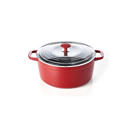 Kitchen Stories CC002642-001 SimmerPro 28cm/6.6L Dutch Oven/Casserole Dish with Tempered Self-basting Lid, Healthy Ceramic Nonstick, Aluminium, Metal Utensil/Induction/Dishwasher/OvenSafe, Red Cover